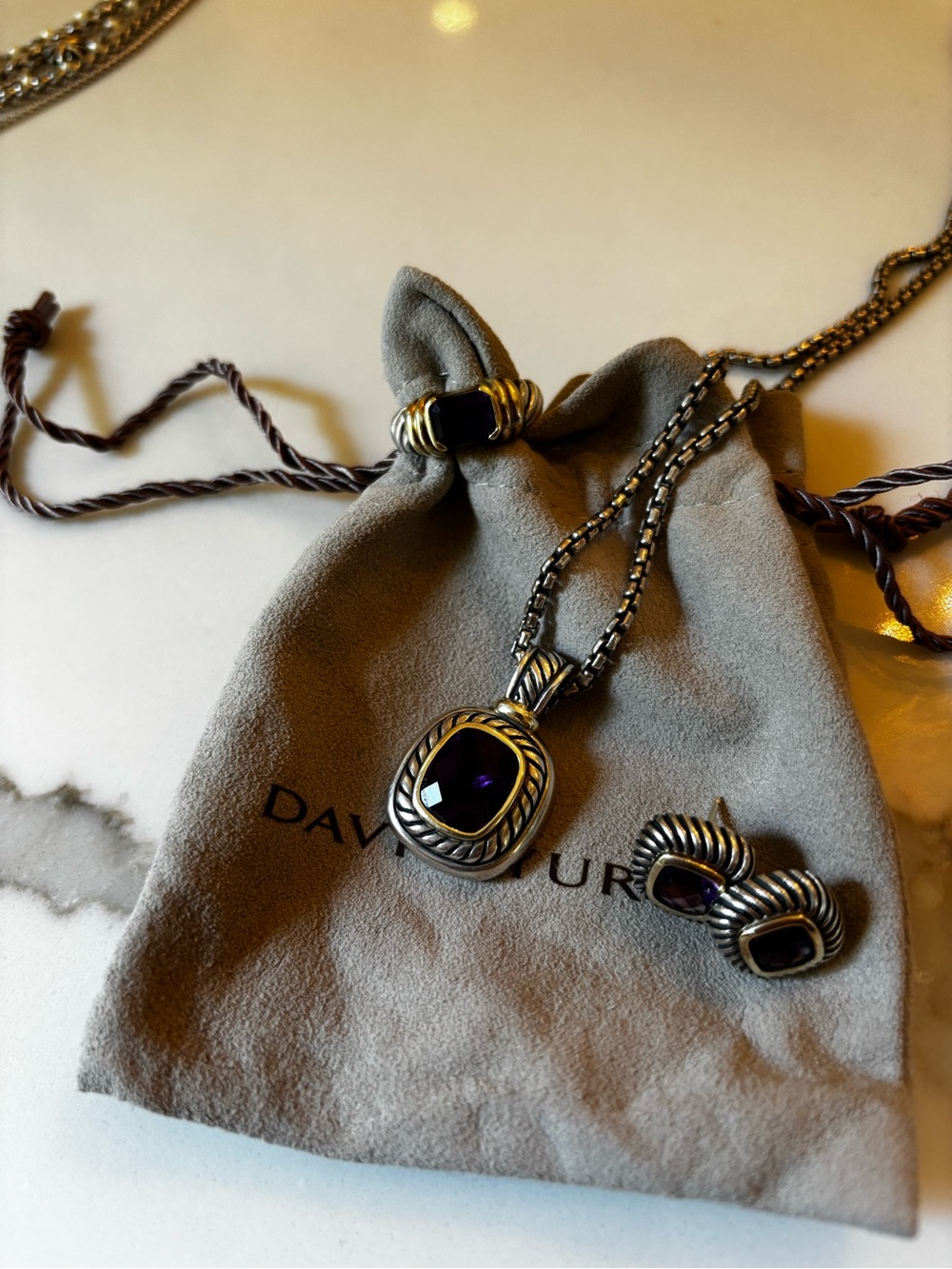 David Yurman Silver Necklace & Earrings with Purple Stones